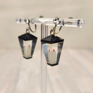 Lucite Candle Lantern Earrings in Black- Vintage, Christmas, Pinup, Screwback